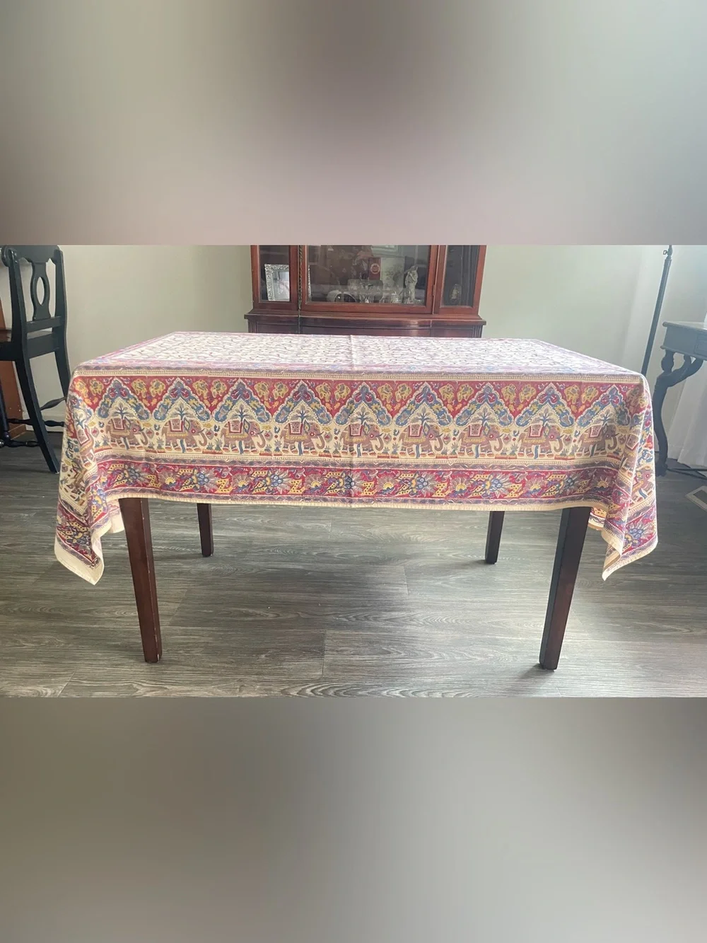 Vintage Indian Imports Tablecloth Block Print W Elephants Boho Hippie Chic 52x72